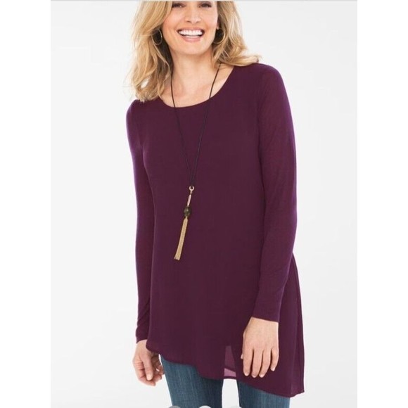 Chicos Woven Knit Tunic Top Size 3 or XL Asymmetric Crew Neck Burgundy - Picture 3 of 11